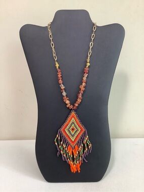 Boho Multicolor Beaded Fringe Necklace — Orange, Purple & Green